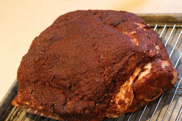 Pork Shoulder Roast Rubbed and injected on a baking rack