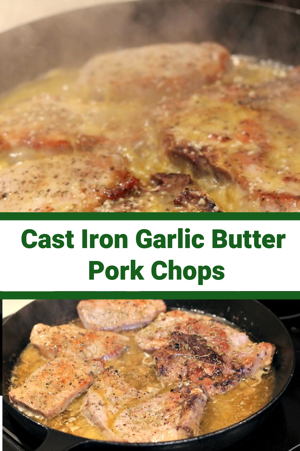 Garlic Butter Cast Iron Pork Chops Recipe is the perfect easy weeknight dinner with a cast-iron skillet! Makes perfect Juicy and flavorful pork chops! Start your pork chops out on the stove and then move them in the oven to slow cook in the flavor of the butter, garlic, and theme into the pork chop! This pairs amazing with oven-roasted potatoes or other vegetables!