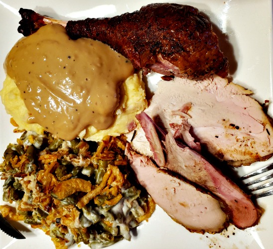 Smoked Turkey Served With Potatoes And Green Bean Casserole 
