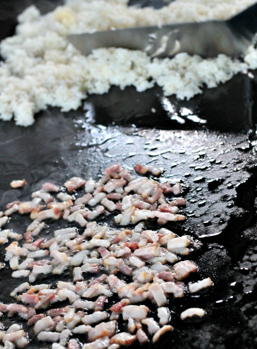 Bacon and white rice on blackstone griddle