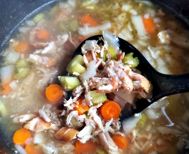 Smoked chicken noodle soup in dutch oven with ladle 