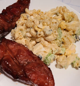 Smoked Macaroni Salad Recipe served with smoked coca cola bbq ribs