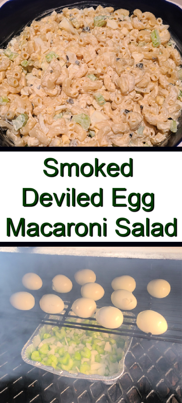 This Smoked Deviled Egg Macaroni Salad Recipe is the perfect side dish to make for any potluck or get-together! The smoke flavor on the eggs, onions, and celery adds to the whole dish! Perfect side dish for any bbq or backyard picnic get together.