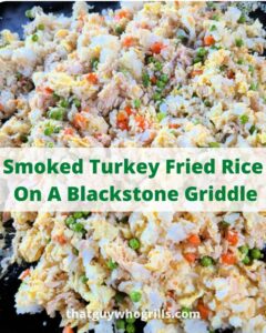 Leftover Smoked Turkey Fried Rice Recipe is the perfect way to use up your leftover smoked turkey and put your Blackstone griddle to use as well! Shred up the leftover smoked turkey from a holiday dinner to cook in this! You can spice up the fried rice with sriracha sauce, chili paste, or even ginger!
