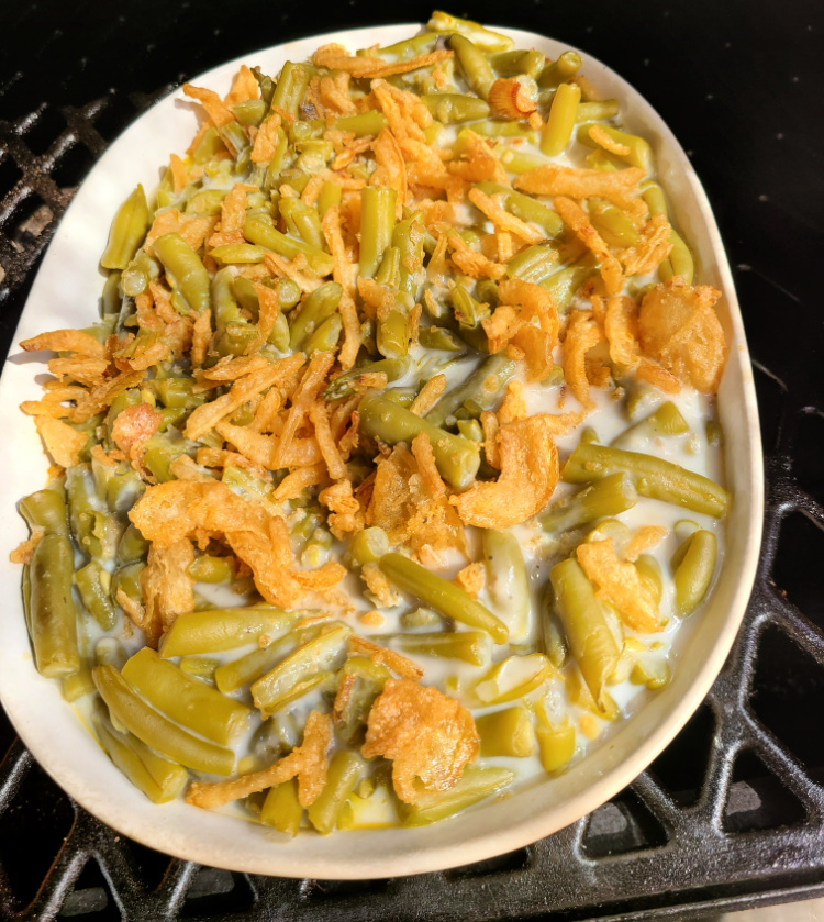 Smoked Green Bean Casserole Recipe is perfect to throw in the smoker with smoked turkey or any smoked meat! The smoke flavor is amazing on the crispy onions! This is not just for the holiday's it works for any dinner and any smoked meat! 