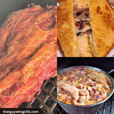 Collage of Smoked Brisket on pit boss grill, smoked brisket chili on smoker, and brisket grilled cheese being opened