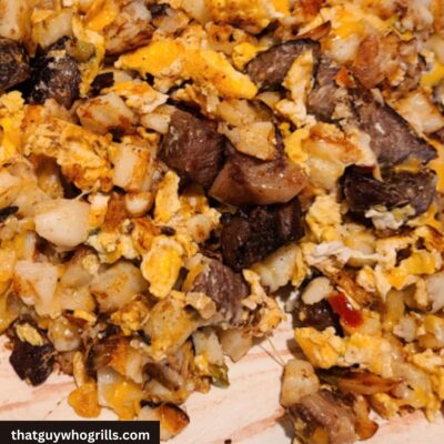 Prime Rib Breakfast Hash Cooked on Blackstone Griddle served on platter