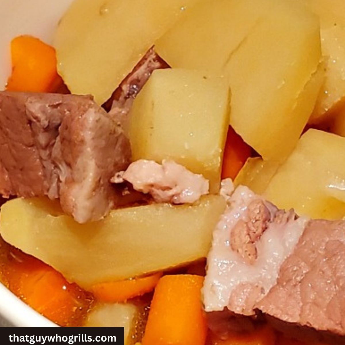 Slow Cooker Brisket Stew In White Bowl Cooked