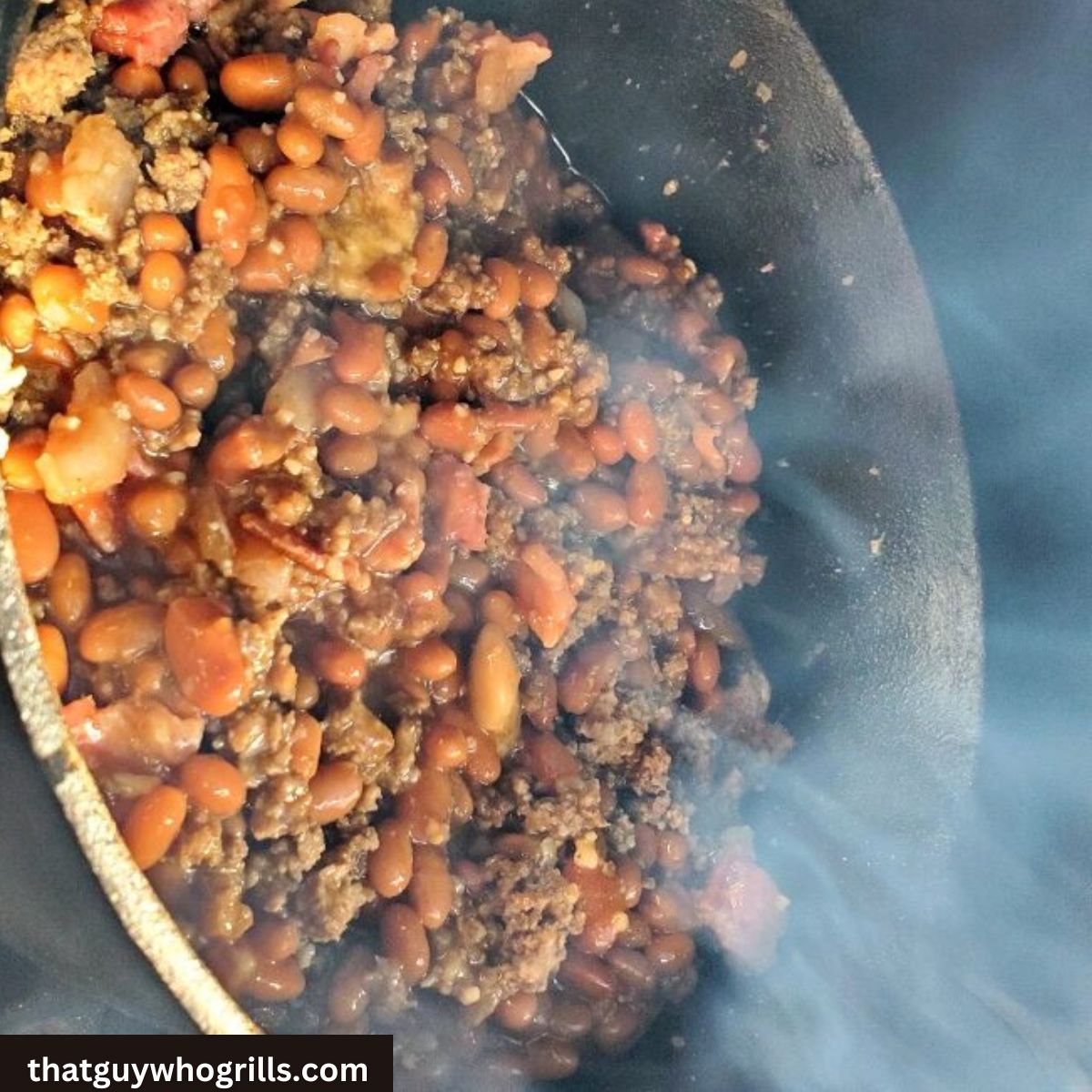 Smoked Baked Beans Smoking in a dutch oven in a smoker