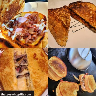 Collage of philly cheesteak grilled cheese, brisket grilled cheese, sloppy joe grilled cheese, and pizza grilled cheese all grilled cheese made on a blackstone