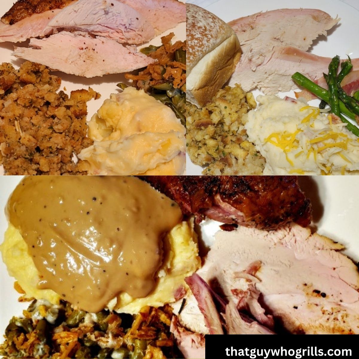 Three different plates of classic side dishes with smoked turkey