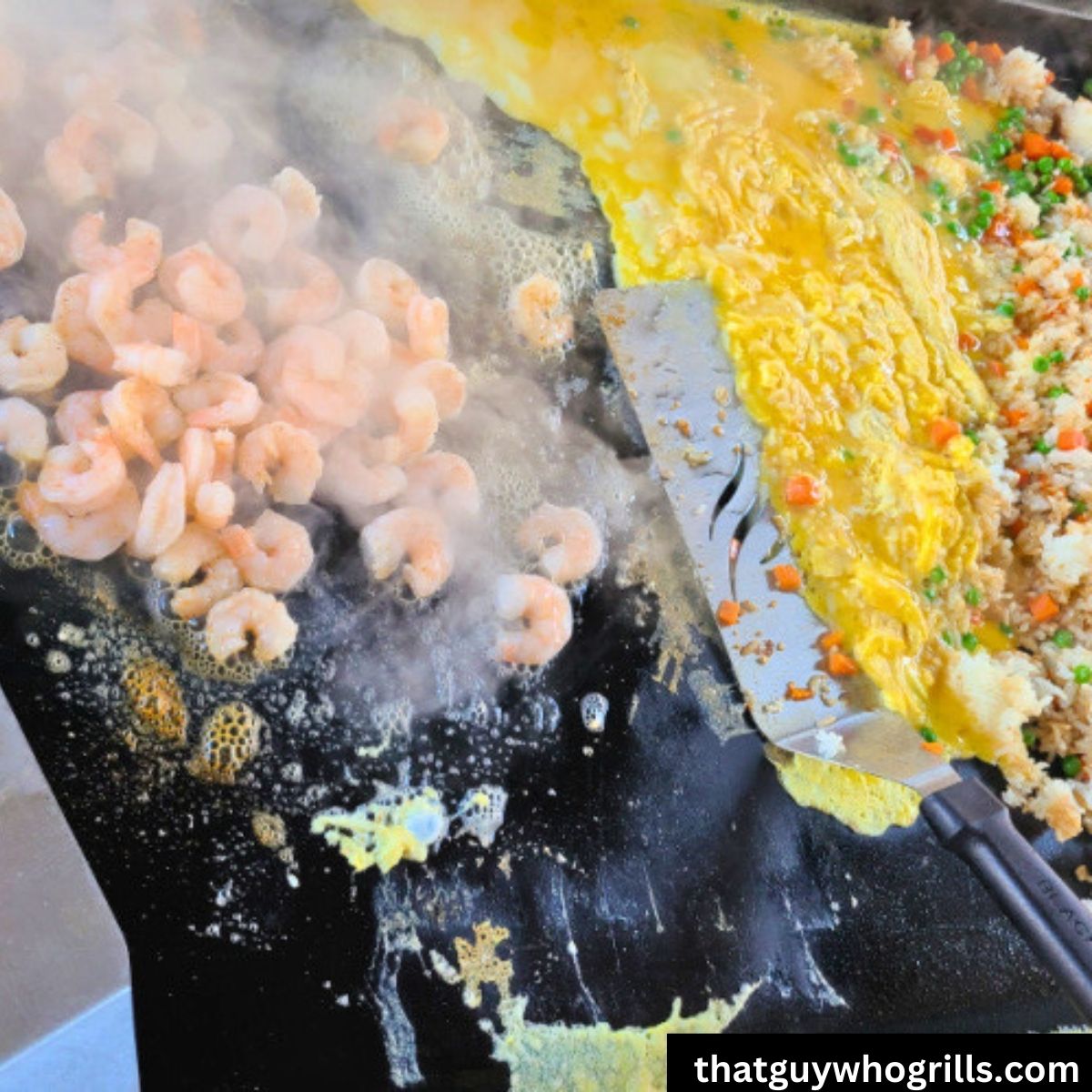 Shrimp, eggs, and rice cooking on blackstone griddle